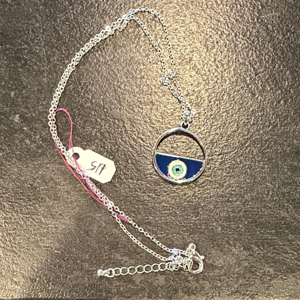 Silver Evil Eye Pendant Necklace with Navy Enamel